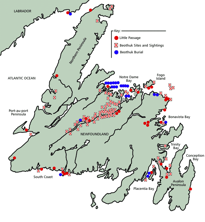 Little Passage Campsites, Beothuk campsites and sightings and Beothuk burials